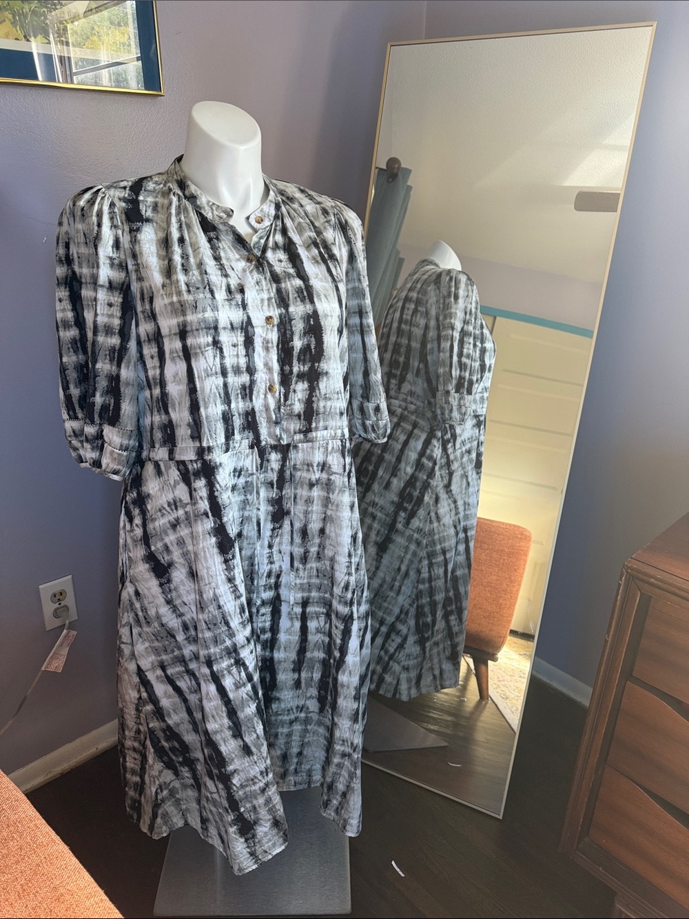 Who What Wear Black & White Tie-Dye Button-Front Midi Dress